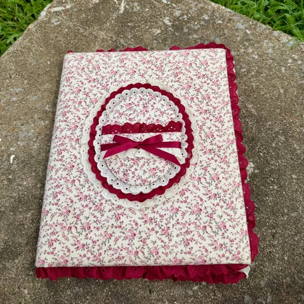 Vintage Floral Fabric Photo Album Scrapbook Burgundy Eyelet Lace Cottagecore
